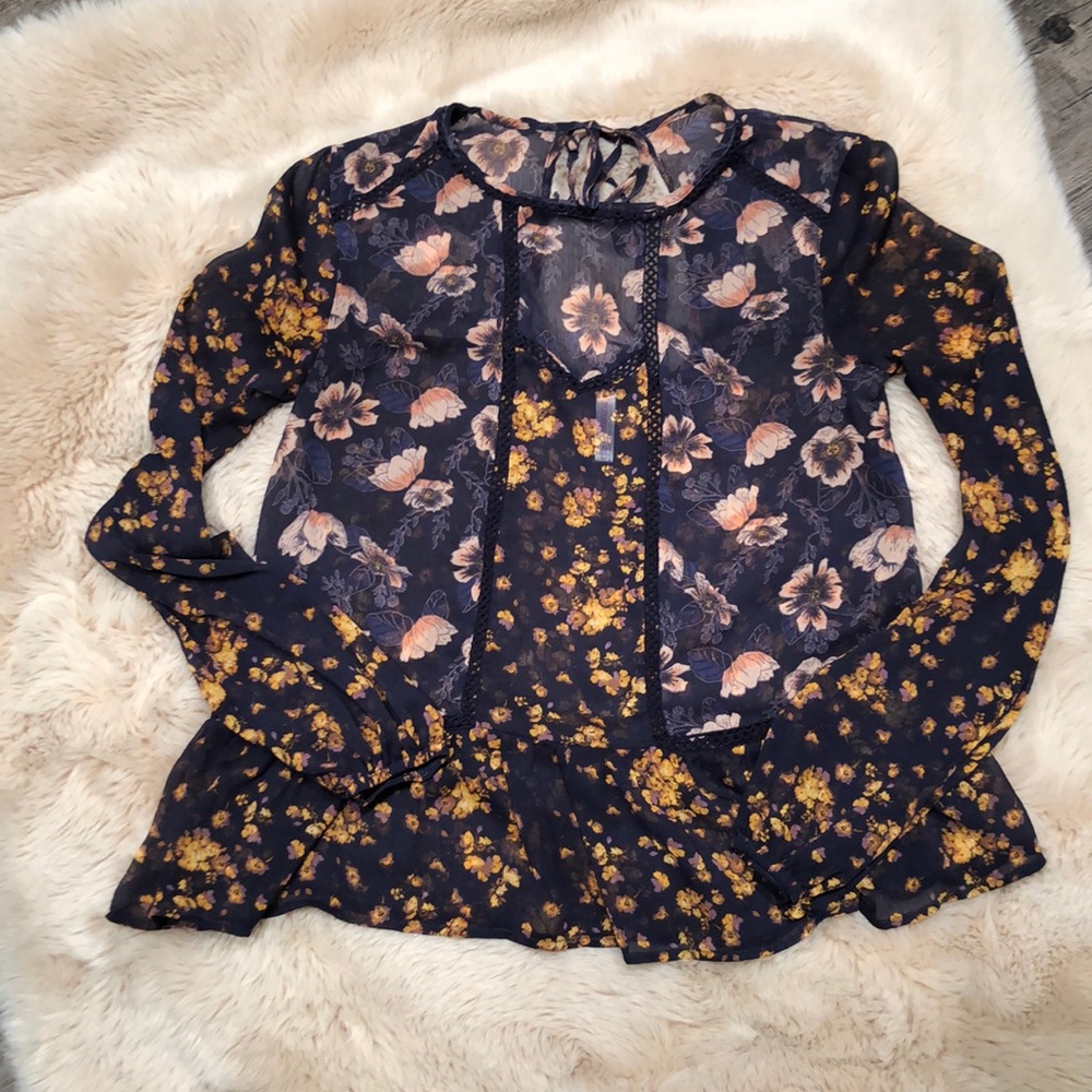 Dark Blue Floral Full Sleeve Blouse